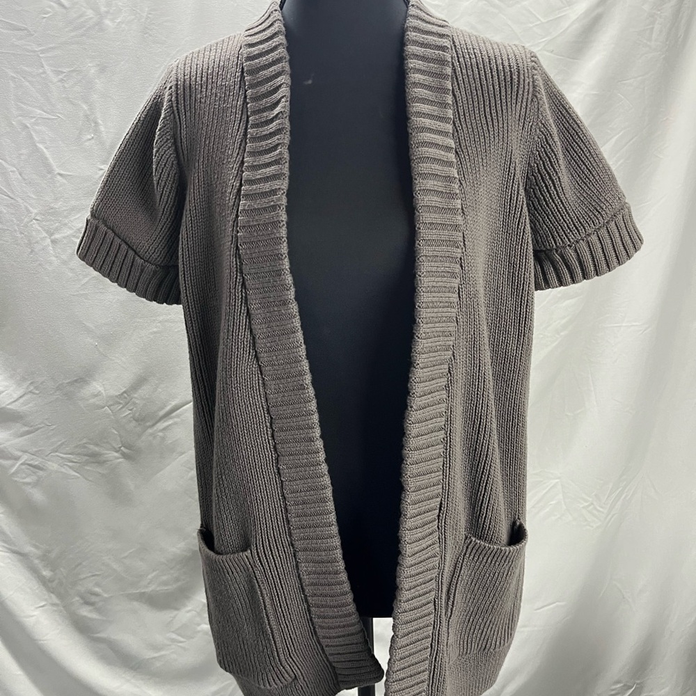 Ann Taylor Brown Gray Ribbed Knit LP Cardigan Sweater Large Petite